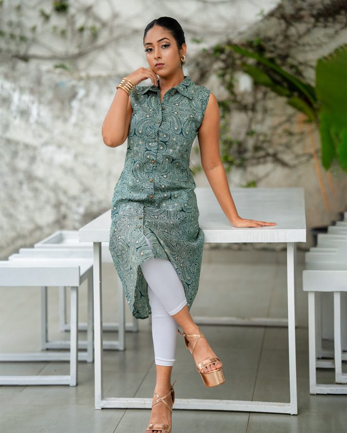 Close up detail of green kurti dress by Weavera UAE