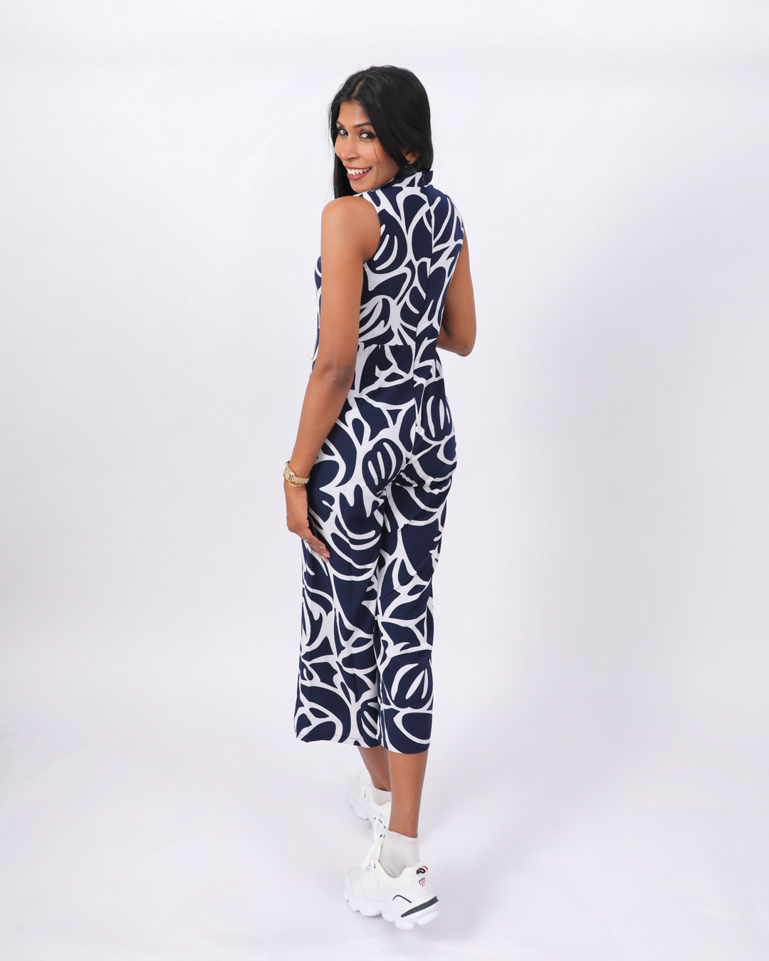 Abstract Tie‑Neck Culotte Jumpsuit Navy