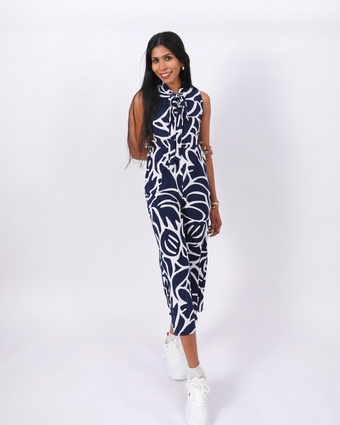 Abstract Tie‑Neck Culotte Jumpsuit Navy - Image 2