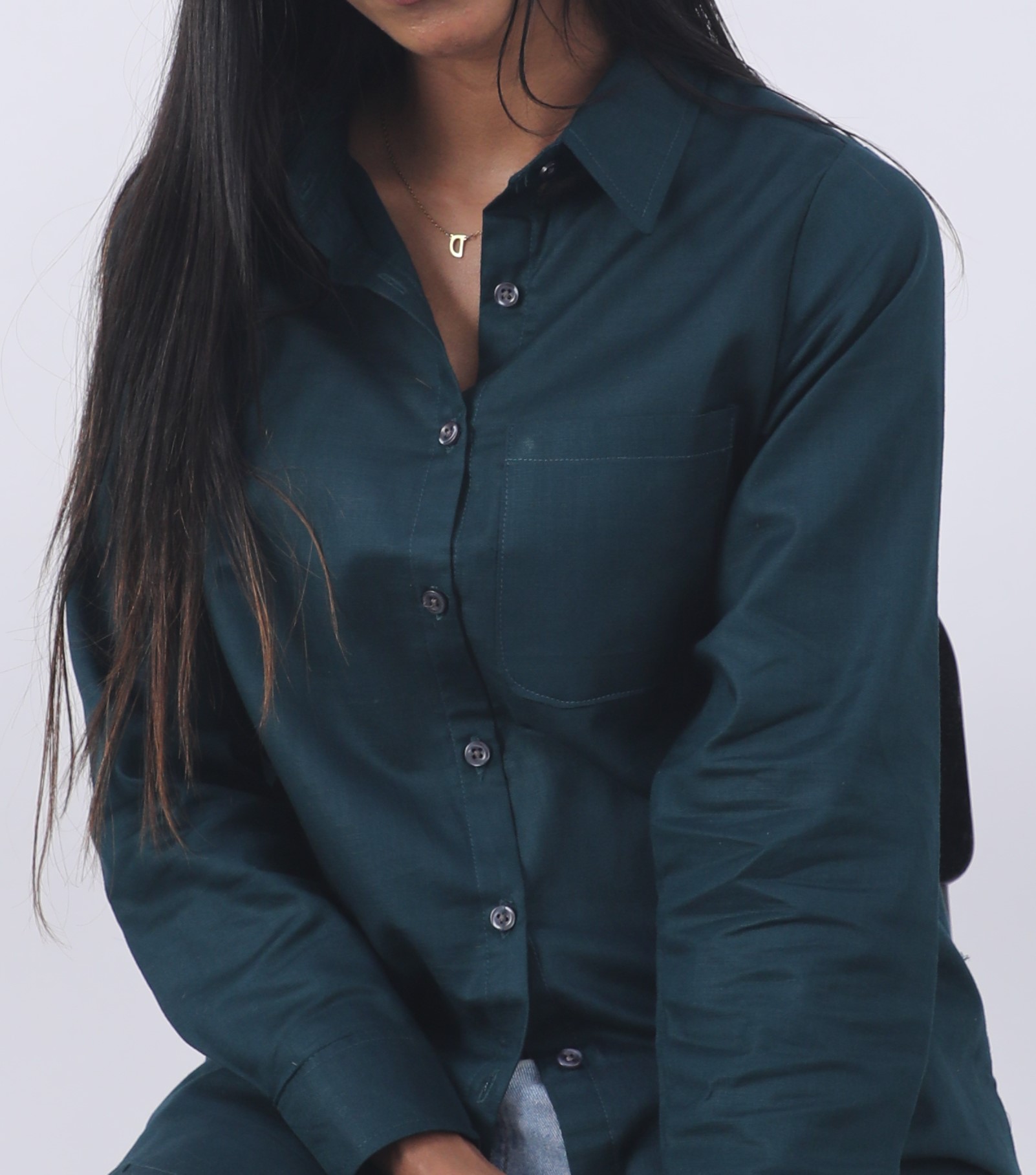 Dark Teal Regular fit Linen Shirt with pockets - Image 2