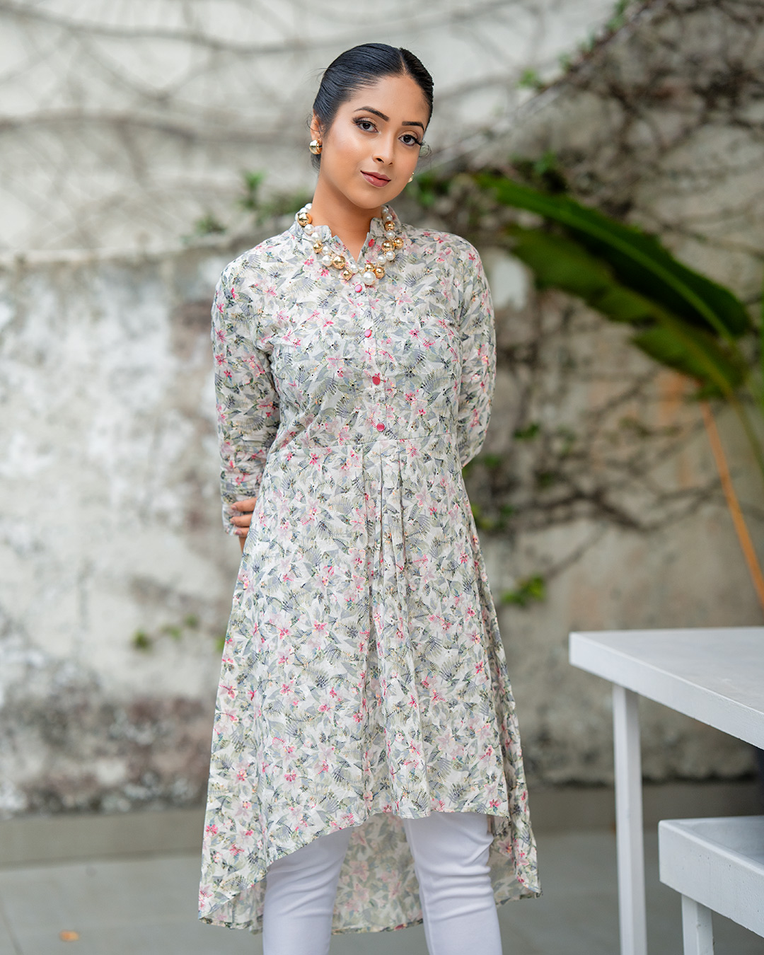 Pastel Floral High‑Low Cotton Kurti